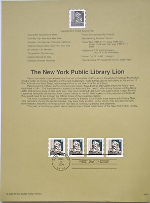 USA   FDC:   09.11.2000   Rollenmarken ohne Wert  The NY Public Library LIon