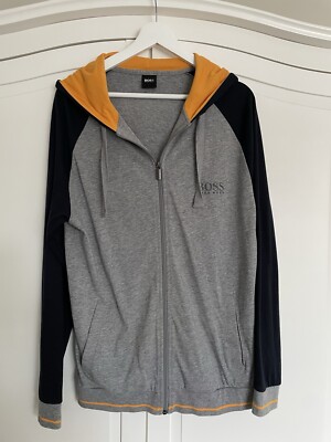 Hugo Boss Men's Zip Up Hoodie Grey/Navy/Yellow Size S UK