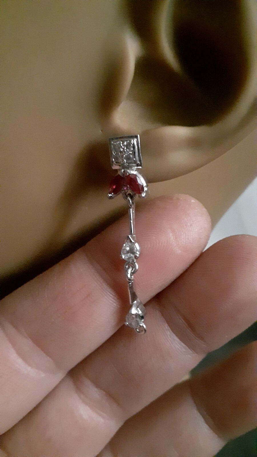 Ruby Gemstone & Clear Stone Silvertone Dangle/dro… - image 6