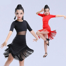 New Kids Fringe Salsa Red Ballroom Tango Dress Child Girls Latin Dance Dress