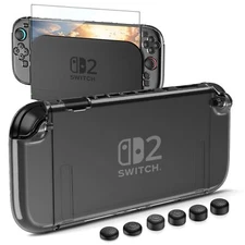 Switch 2 Clear Protective Case Dockable PC Shell with 6 Thumb Caps &Screen Guard