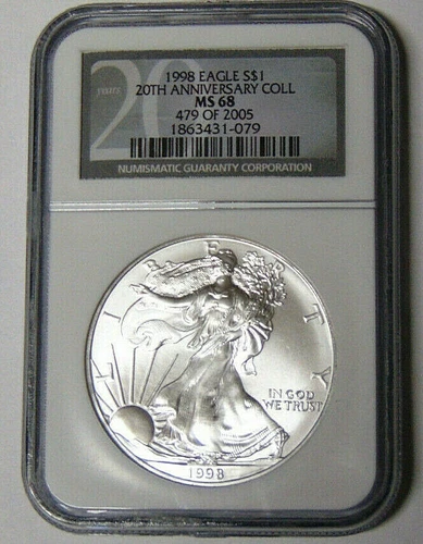 NGC MS68 1998 American Silver Eagle 1 oz .999 Silver Dollar 20th Anniversary