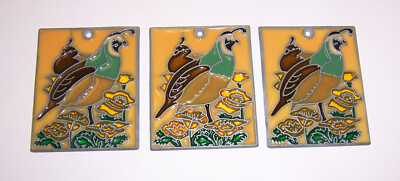 Decorative Handmade 3 Quail & Flowers Suncatchers (4.25 ) Colorful Metal Backing