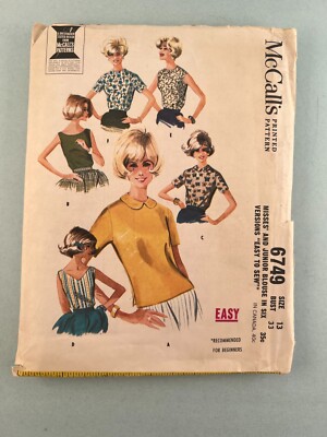 McCall's 6749 Vintage Sewing Pattern 1963 Misses Junior Blouse 6 Versions Size 1