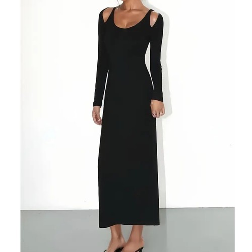 Black Cold Shoulder Long Sleeve Maxi Dress Women's 2XL Polyester Elastane - Picture 5 of 10