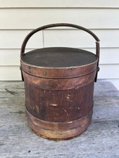 Antique Primitive Medium Firkin Sugar Bucket w Bentwood bands Lid  Original