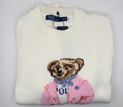 BUY NOW WOMENS WHITE POLO RALPH LAUREN PICNIC POLO BEAR SWEATER SIZE LARGE