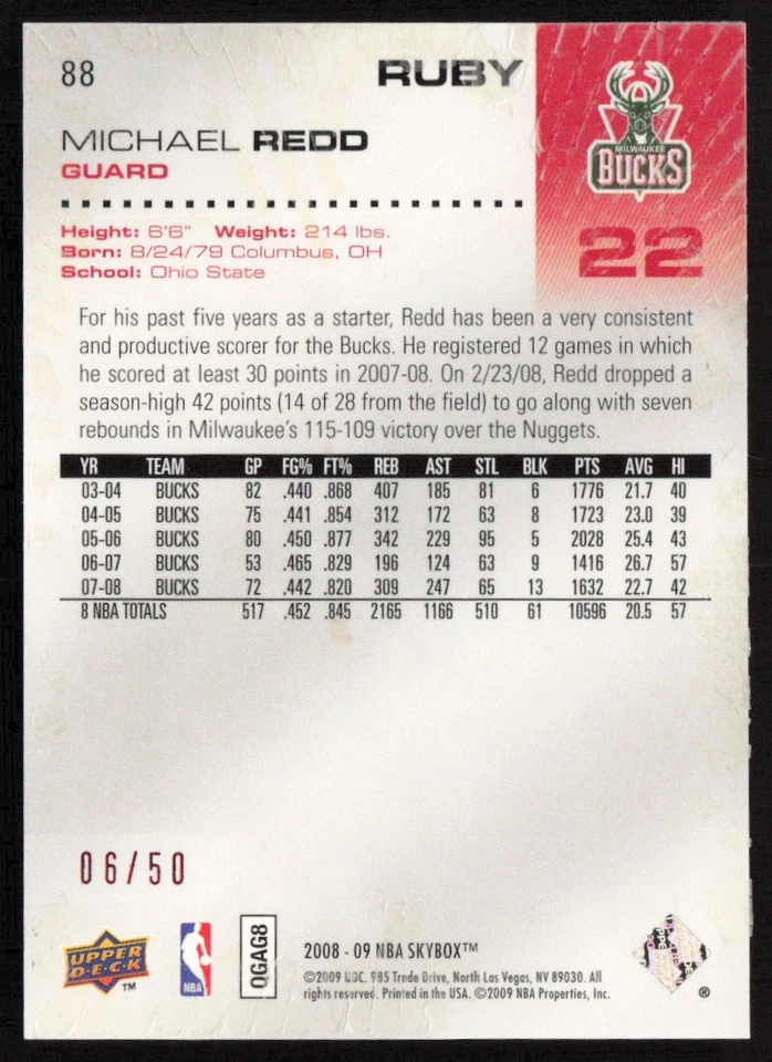 2008-09 SkyBox Ruby 06/50 Michael Redd #88 Milwaukee Bucks - Image 2 of 2