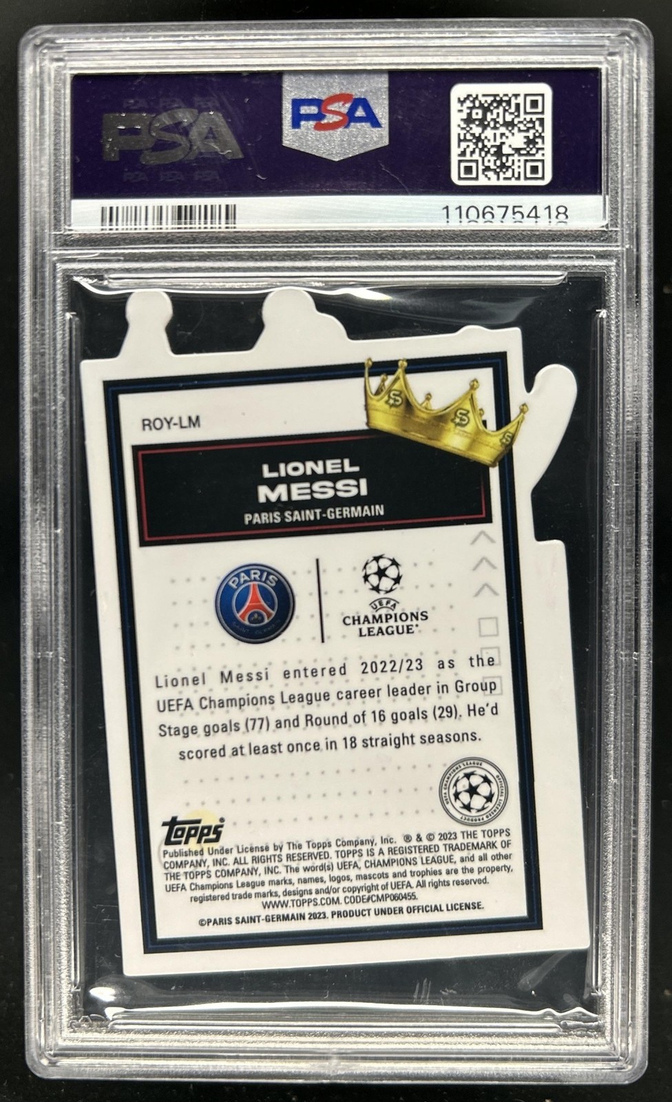 2022-23 Topps Superstars Lionel Messi UCL Royalty Chrome Die Cuts #ROY-LM PSA 10 view 2