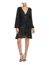 ELIZA J Womens Black Long Sleeve Above The Knee Party Faux Wrap Dress 4