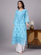 Women's Ethnic Cotton Chikankari Kurti with inner Blue, Hand Embroidered