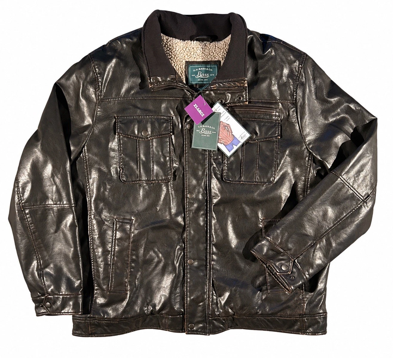 G.H. Bass Men’s XXL Faux Leather Sherpa Lined Jacket Brown NWT Workwear - product detail image 1