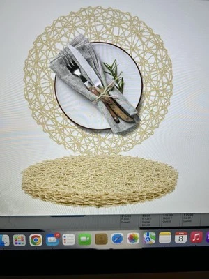 AHHFSMEI Paper Braided Round Placemats Set Of 6 Gold Nonslip Heat Resistant Table Mats