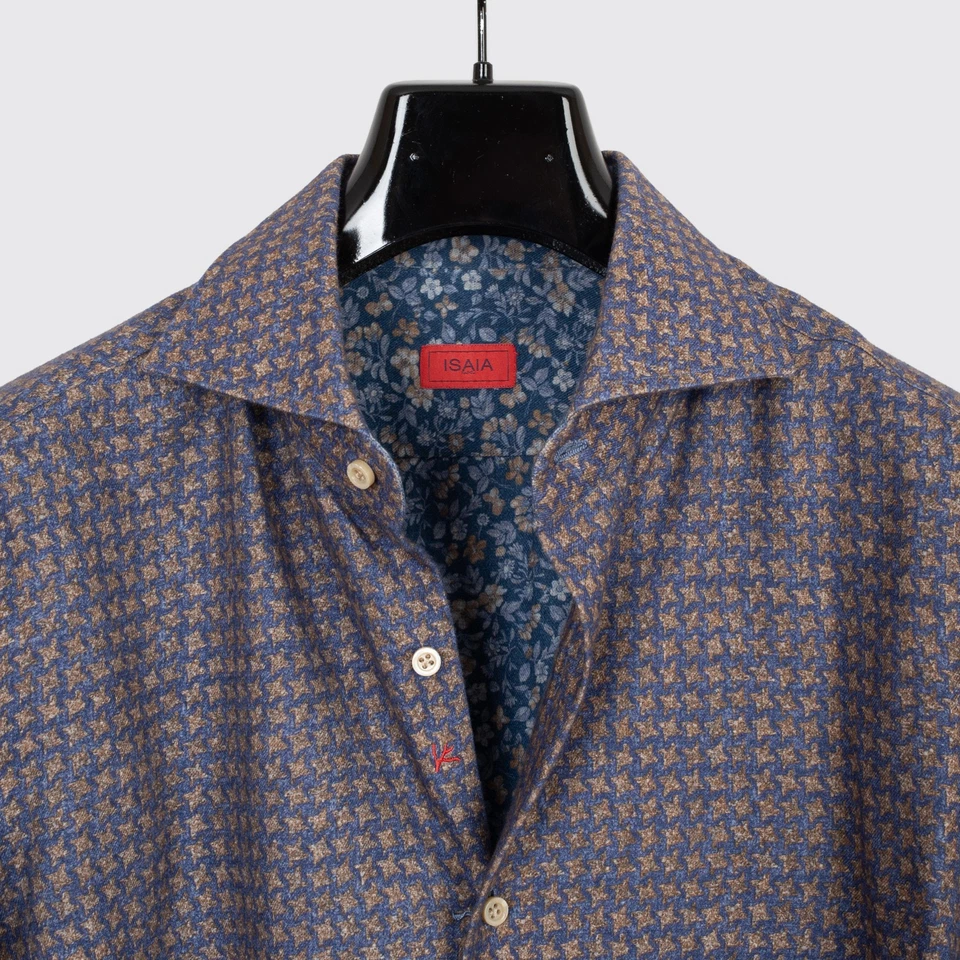 Camisa Deportiva Isaia Napoli Talla 16.5 Hombre Marrón Azul Estampado Geométrico Algodón Franela Foto 2 de 4
