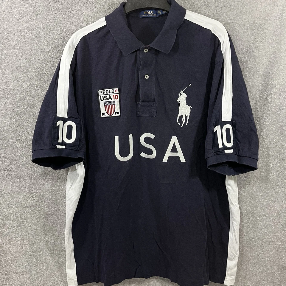 POLO Ralph Lauren Rugby Shirt Men’s 2XLT 2010 USA #10 Big Pony Flag Navy Cotton - Image 2 of 4