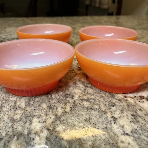 4 Vintage Anchor Hocking Fire King Two Tone Orange/White Soup Bowls