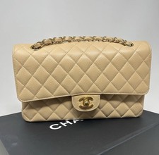 CHANEL Classic Medium Double Flap Bag Quilted Caviar Beige GHW W/Receipt 2022