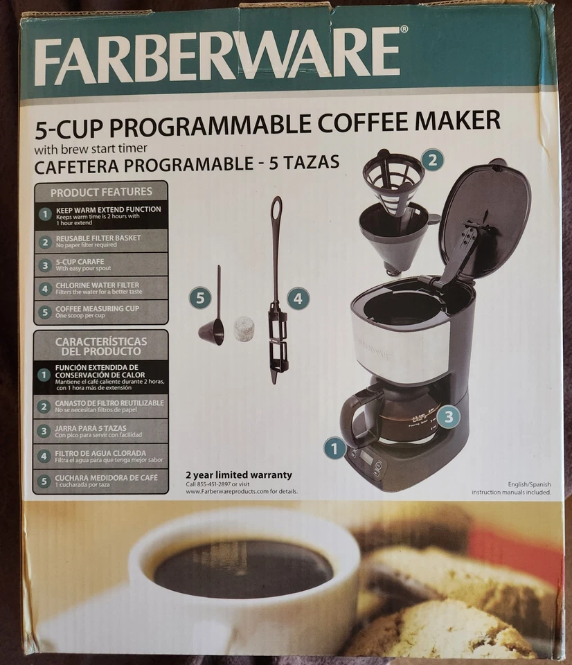 Farberware Cafetera Programable 5 Tazas Plástico Negro y Acero Inoxidable Foto 3 de 4