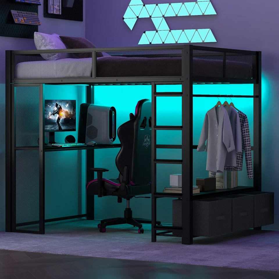 Full Size Metal Gaming Loft Bed with LED, Desk,Open Wardrobe and 3 Linen Storage - Image 2 of 4