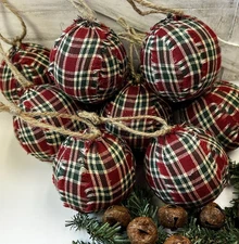 10  Red Green Plaid Fabric RAG BALLS bowl filler Farmhouse Christmas Ornaments