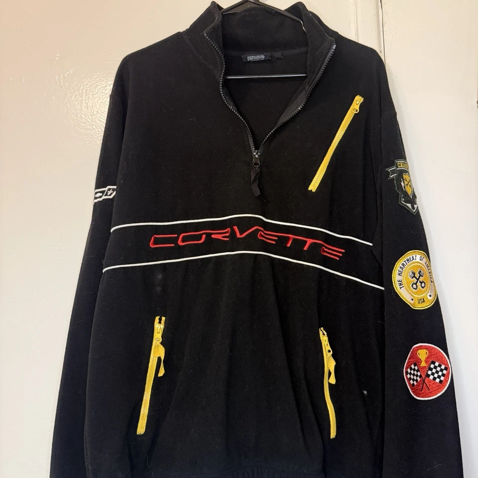 Pulôver de lã vintage CHEMISTRY preto corveta remendos de corrida zíperes amarelos G - Imagem 2 de 4