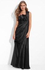 Adrianna Papell One Shoulder Floral Beads Ribbed Faux Wrap Evening Gown Black 10