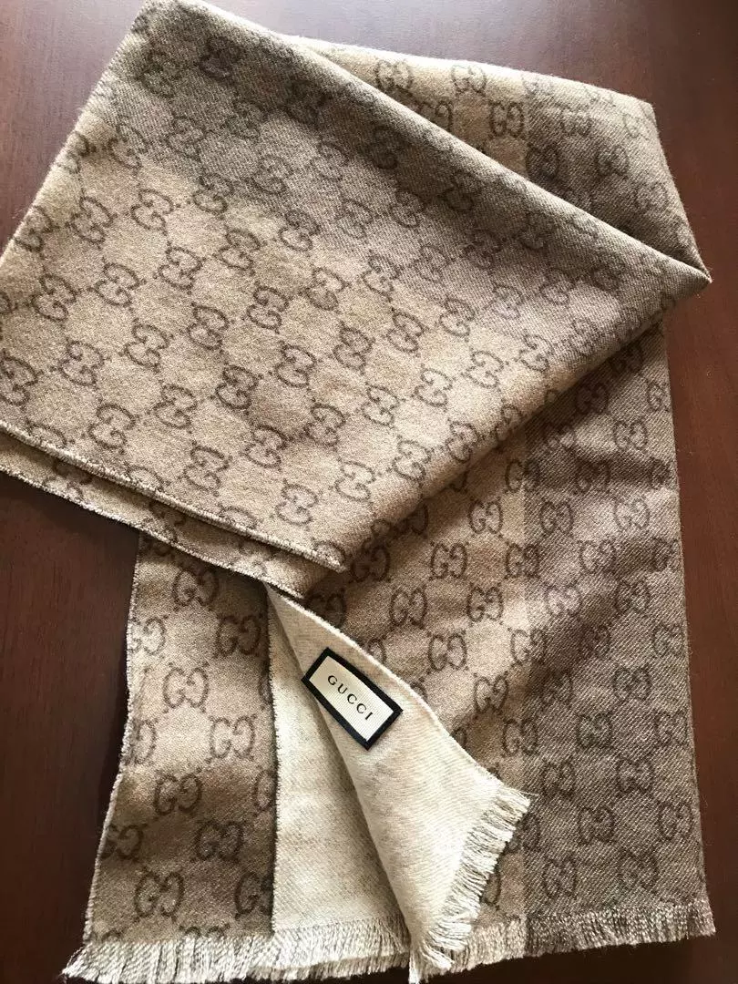 Gucci Wool Fringed Scarf GG Logo Full Pattern Beige 45 x 180cm