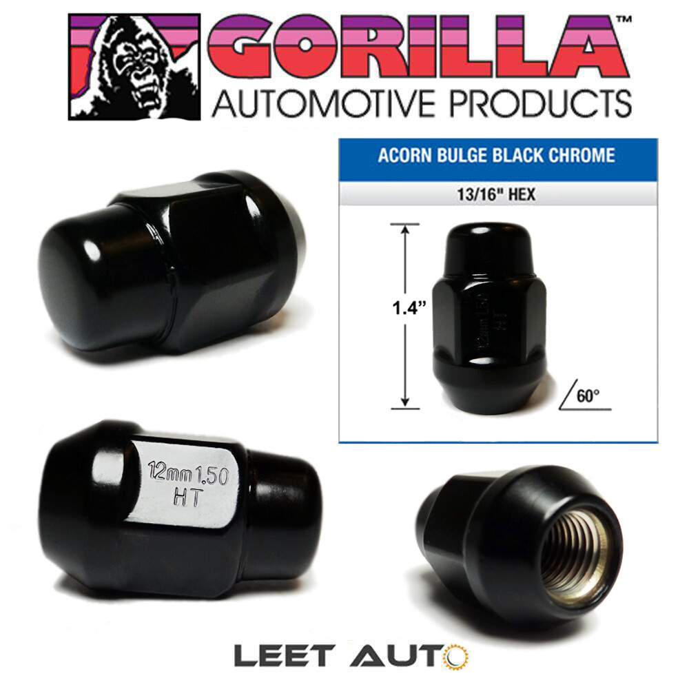 (20pc.) Gorilla Lug Nuts, 12mm x 1.50, Black, 12x1.5, Bulge Acorn