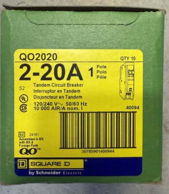 10 PCS Square D QO2020/QO2020C No Hook 2-20A Single Pole Tandem Breakers
