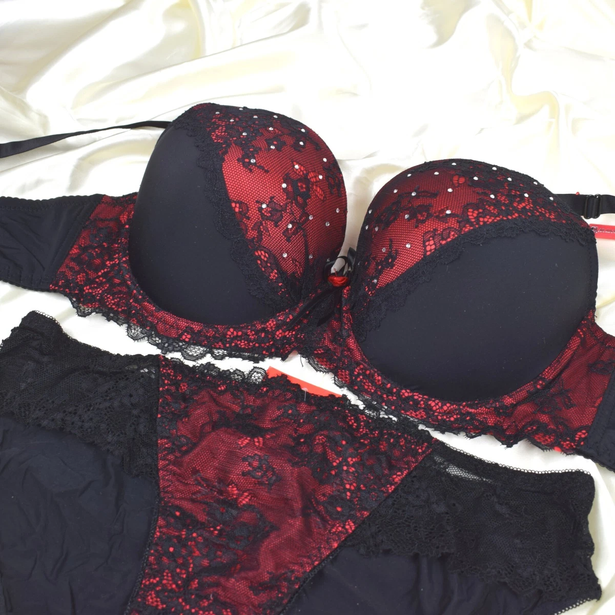 Sexy Bra Set Padded Black Red Sequins Lace Ladies Underwear