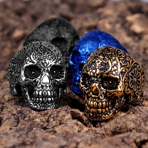 Stainless Steel Gothic Skull Never Fade Men Rings Vintage Carving Domineering - Picture 7 of 14