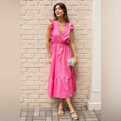 Stark X Levi Tiered V-Neck Flutter Sleeve Midi Dress Hot Pink