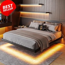 Full Size Floating Bed Frame with LED Lights & Charging Station, Black Metal