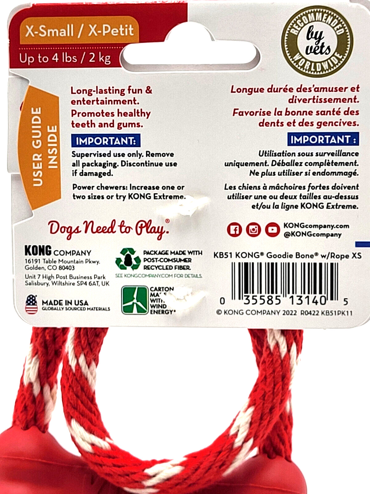 KONG Goodie Bone with Rope XS Teeth Cleaning Dog Tug & Chew Toy Made in USA
