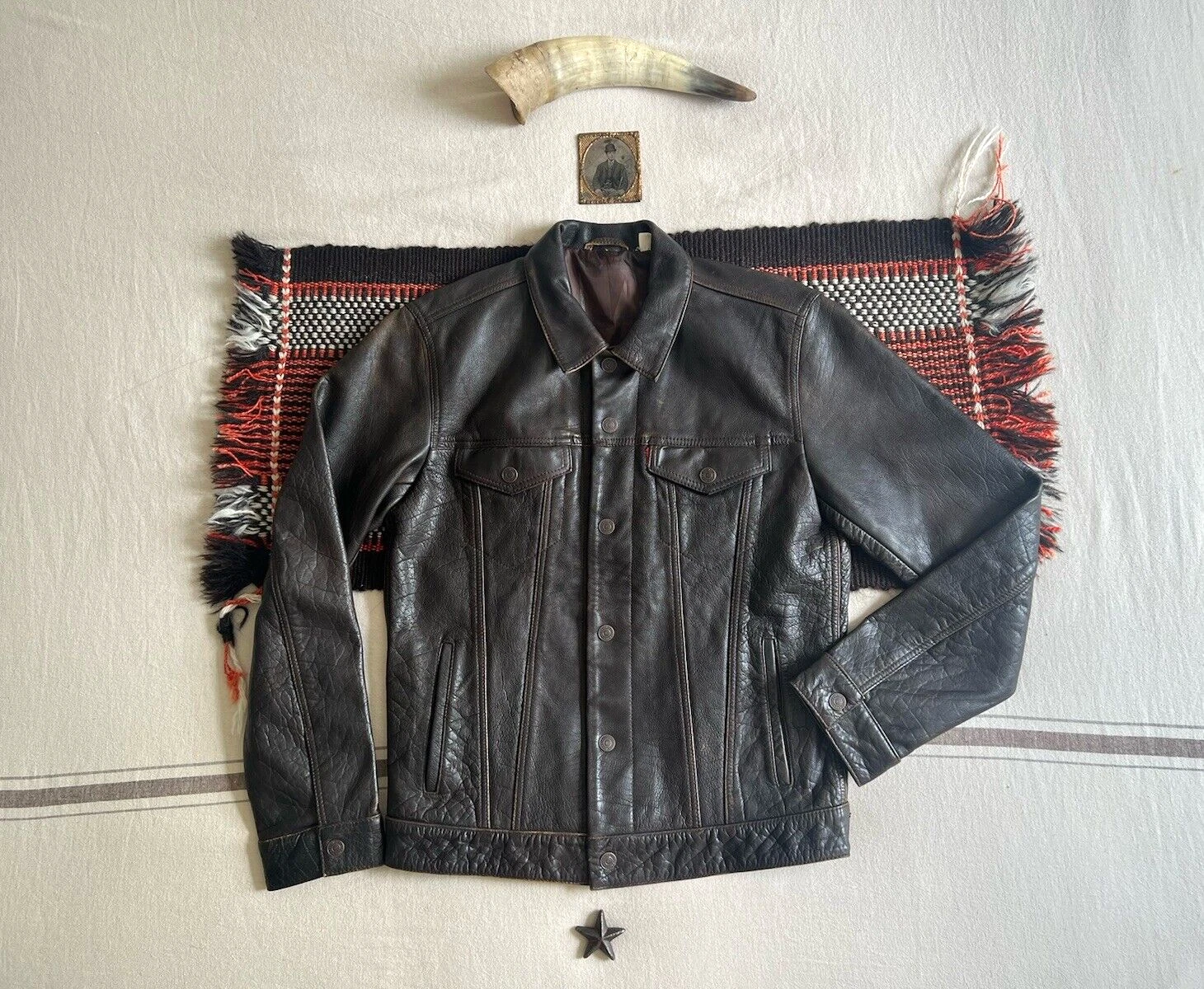 Levi's Buffalo Leather Trucker Jacket Type 3 M Brown 2016 LVC Menlo Luxury Hide