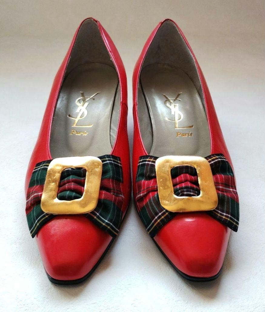 Autentiche décolleté Yves Saint Laurent con nastro a quadri colore rosso taglia 34 donna