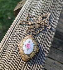 Vintage Guilloche Flower Locket Necklace Gold...