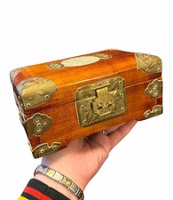 Vintage Chinese Wood Jewellery Box Brass Hardware Carved Jade Medallion Shanghai