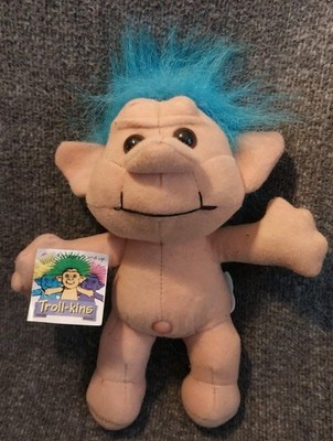 Vtg 1991 Troll-Kins Plush Doll Blue Hair Soft Plush Belly Button W/Tags 8  New