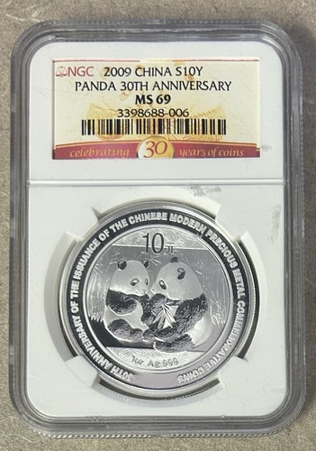 2009 China S 10 Yuan Fine Silver PAnda - 30th Anniversay NGC MS69 A2 - Foto 1 di 3
