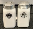 Vintage Hazel Atlas White Milk Glass Salt & Pepper Shakers Range Top Metal Lids