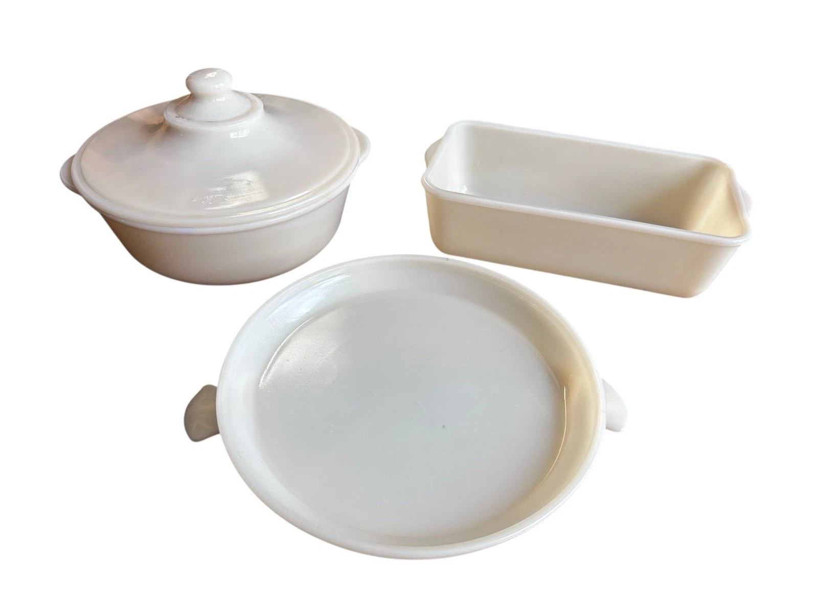 Vintage Fire King Ivory Oven Glass Lot – Casserole w/ Lid, Loaf Pan & Pie Dish