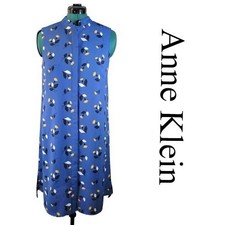 Anne Klein Dress Womens Medium Blue Floral Sleeveless Mock Neck Shift Pleated