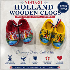 Vintage Holland Dutch Wooden Clogs Shoes 2 Pair Hand Painted Windmill Souvenir