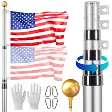 25FT Telescopic Flagpole Kit Heavy Duty Aluminum Flag Pole American Silver