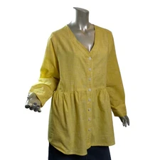 Tulip Clothing Pocket Top Large Pale Yellow and White Crossweave Lagenlook