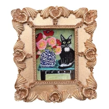 Black Cat & Flowers watercolor print in mini gold vintage style ornate frame