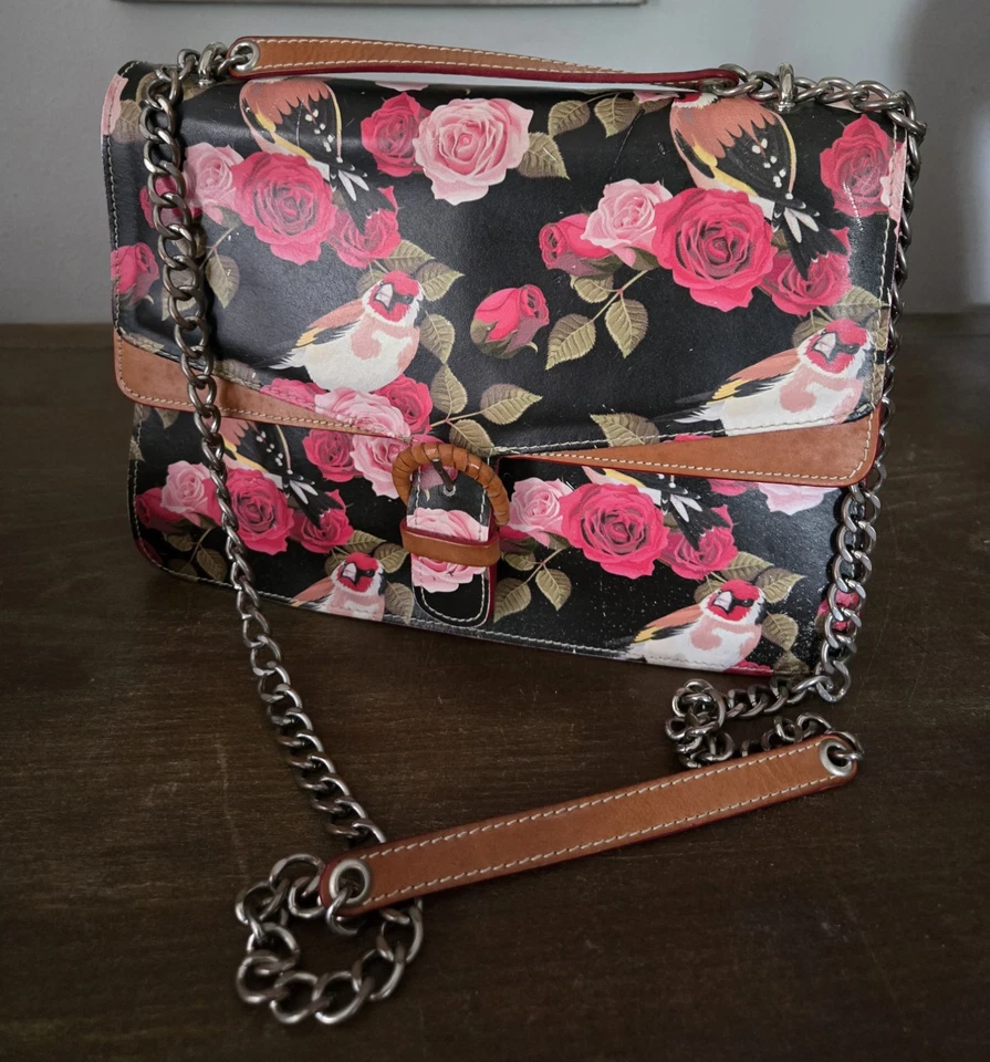 Bandolera Cavalcanti Italiana Cuero Rojo Rosa Rojo Petirrojo Floral. Nuevo sin etiquetas Foto 2 de 4