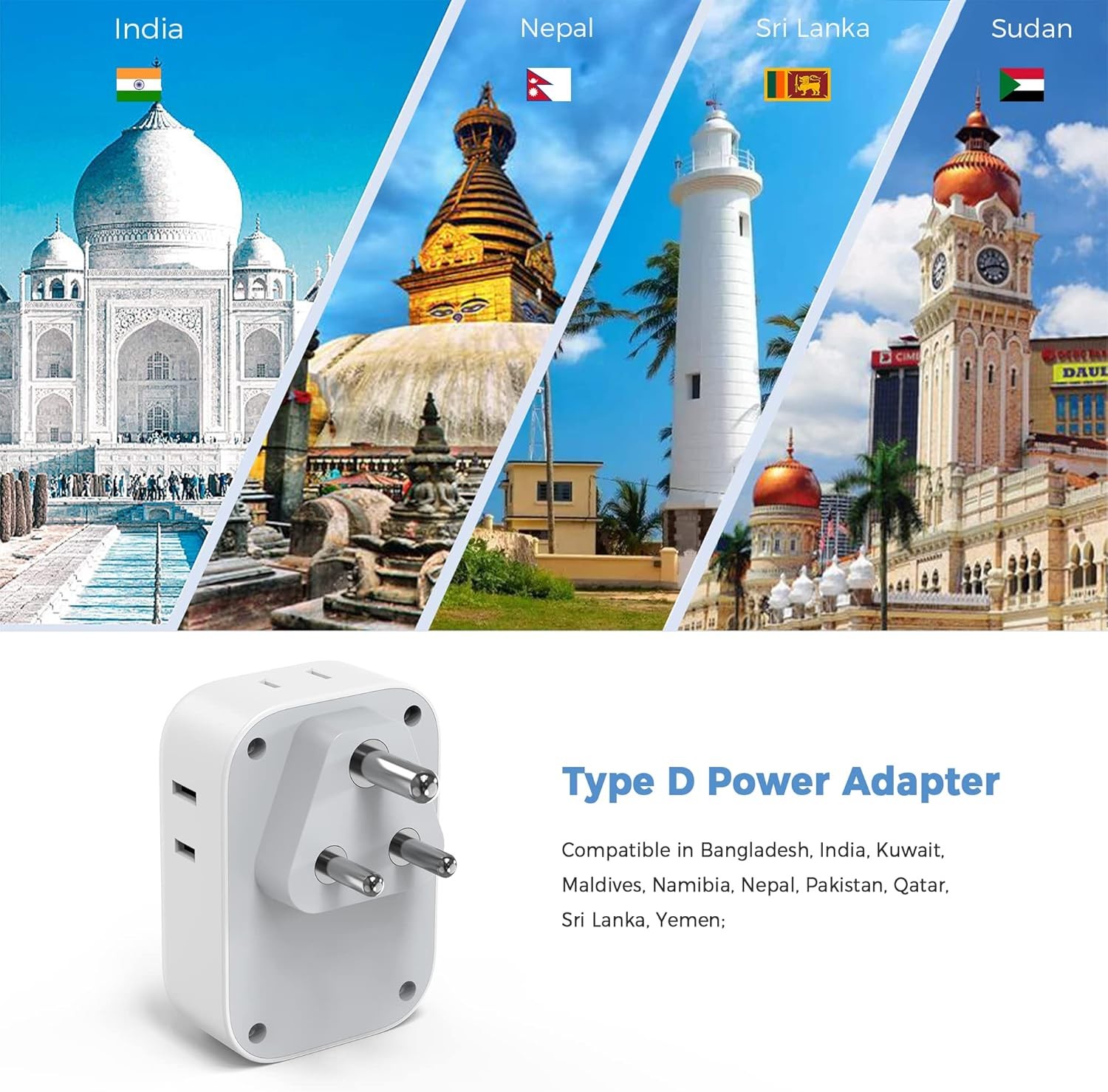 International Travel Plug Adapter with 4 Outlets 3 USB (1 USB-C) for Cruise Ship