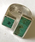 VTG STERLING SILVER GREEN TURQUOISE INLAY OPEN BAND RING ~ SZ  7.5 ~ 13.7gr
